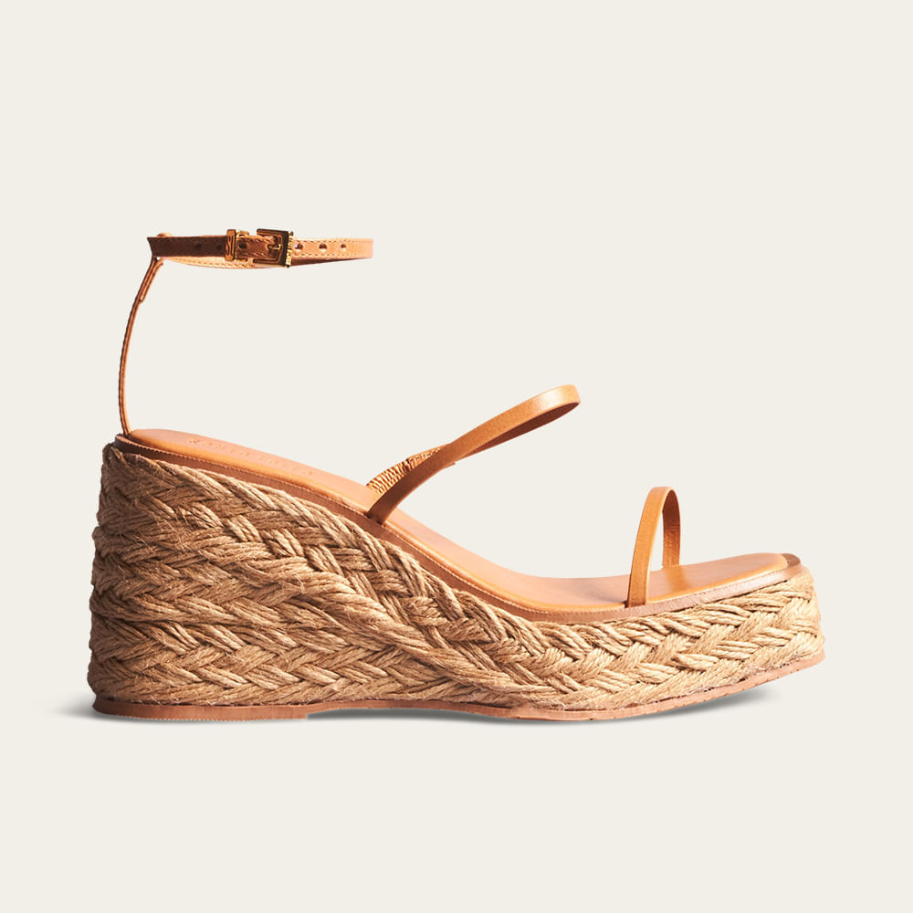 Sandália Espadrille Anabela Couro Caramelo Doce De Leite