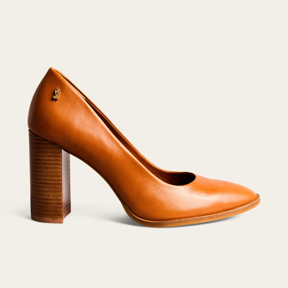 Scarpin Boneca Couro Nobre Soft Salto Alto Bloco Marrom Brick