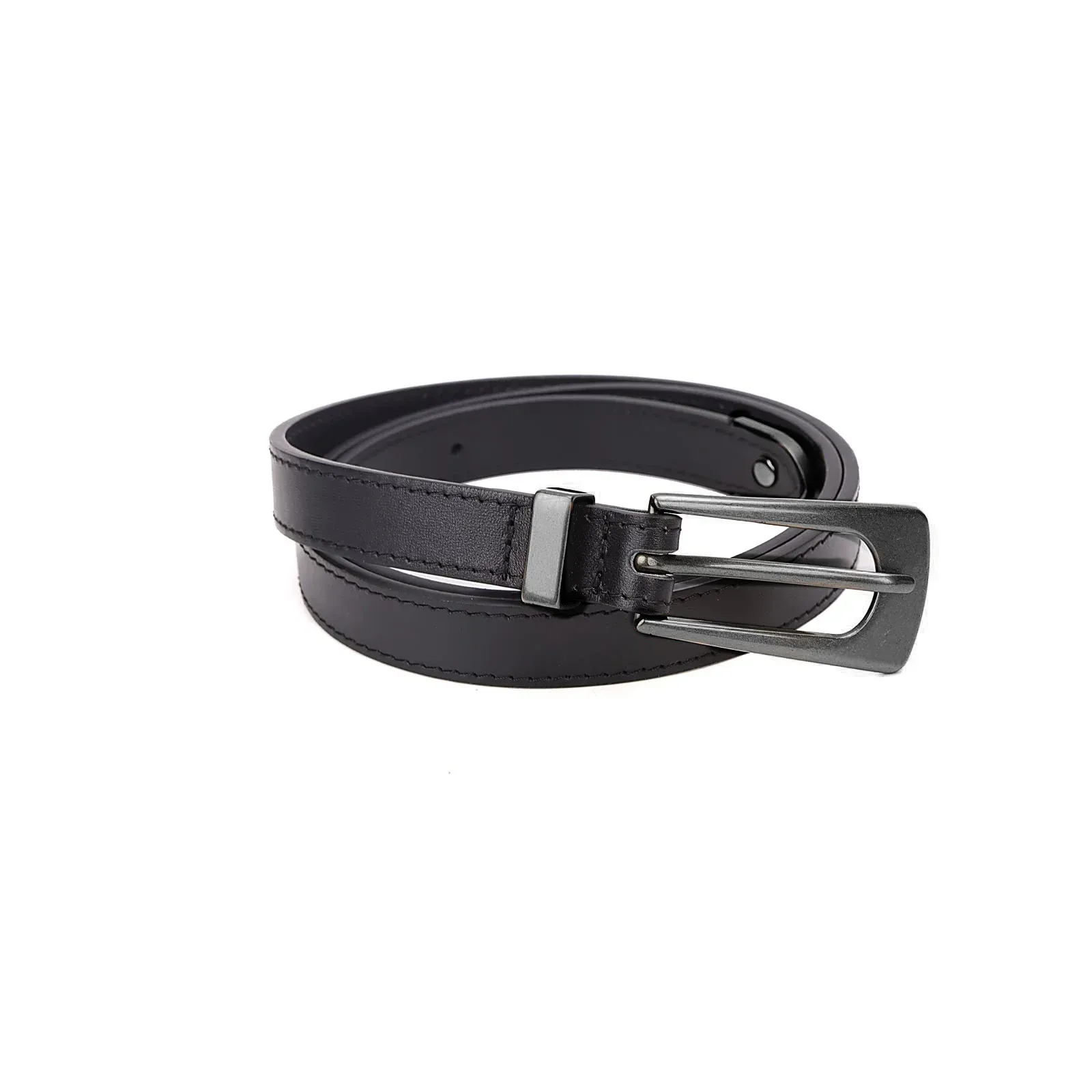 Cinto Couro Liso Preto Fivela Prateada