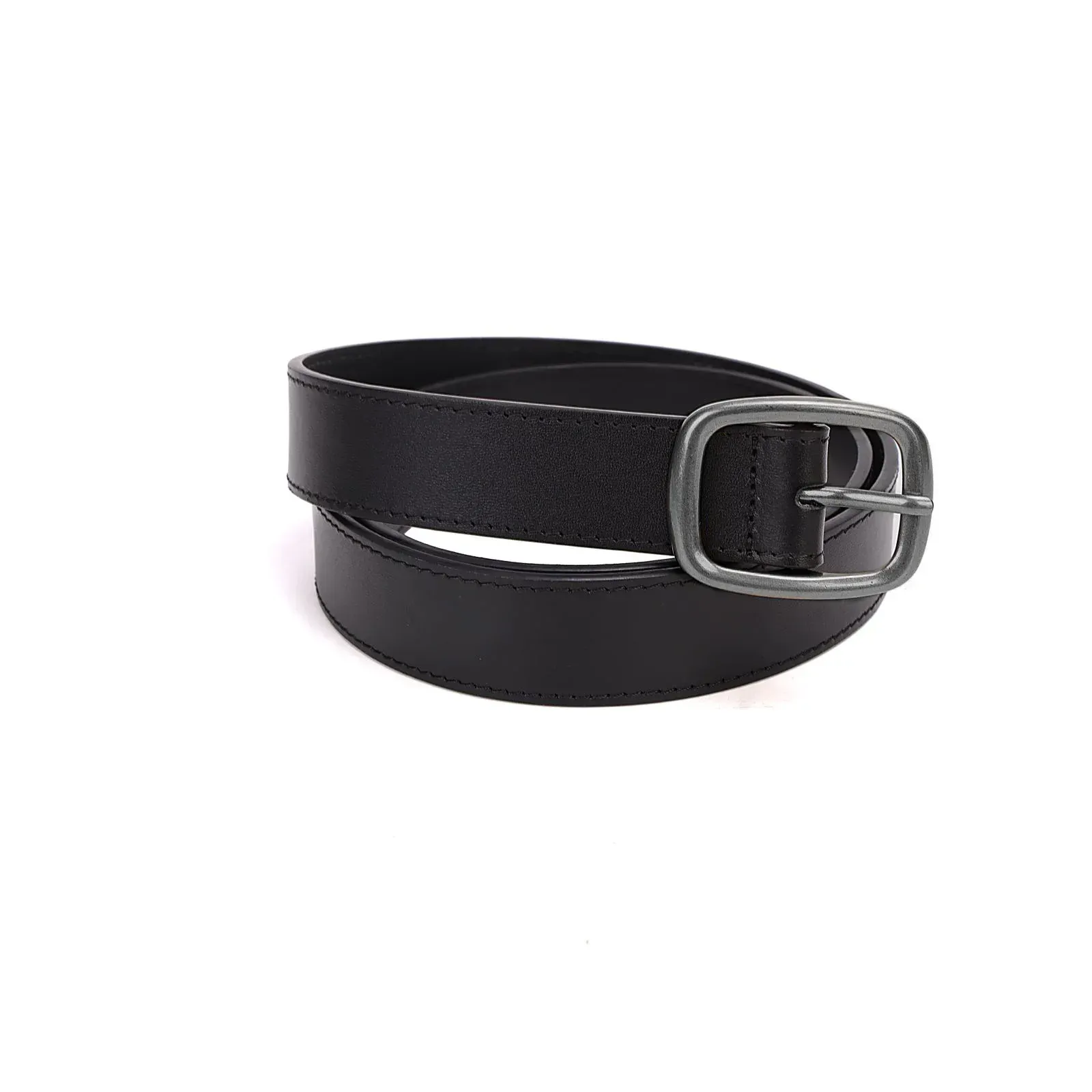 Cinto Couro Liso Preto Fivela Prateada