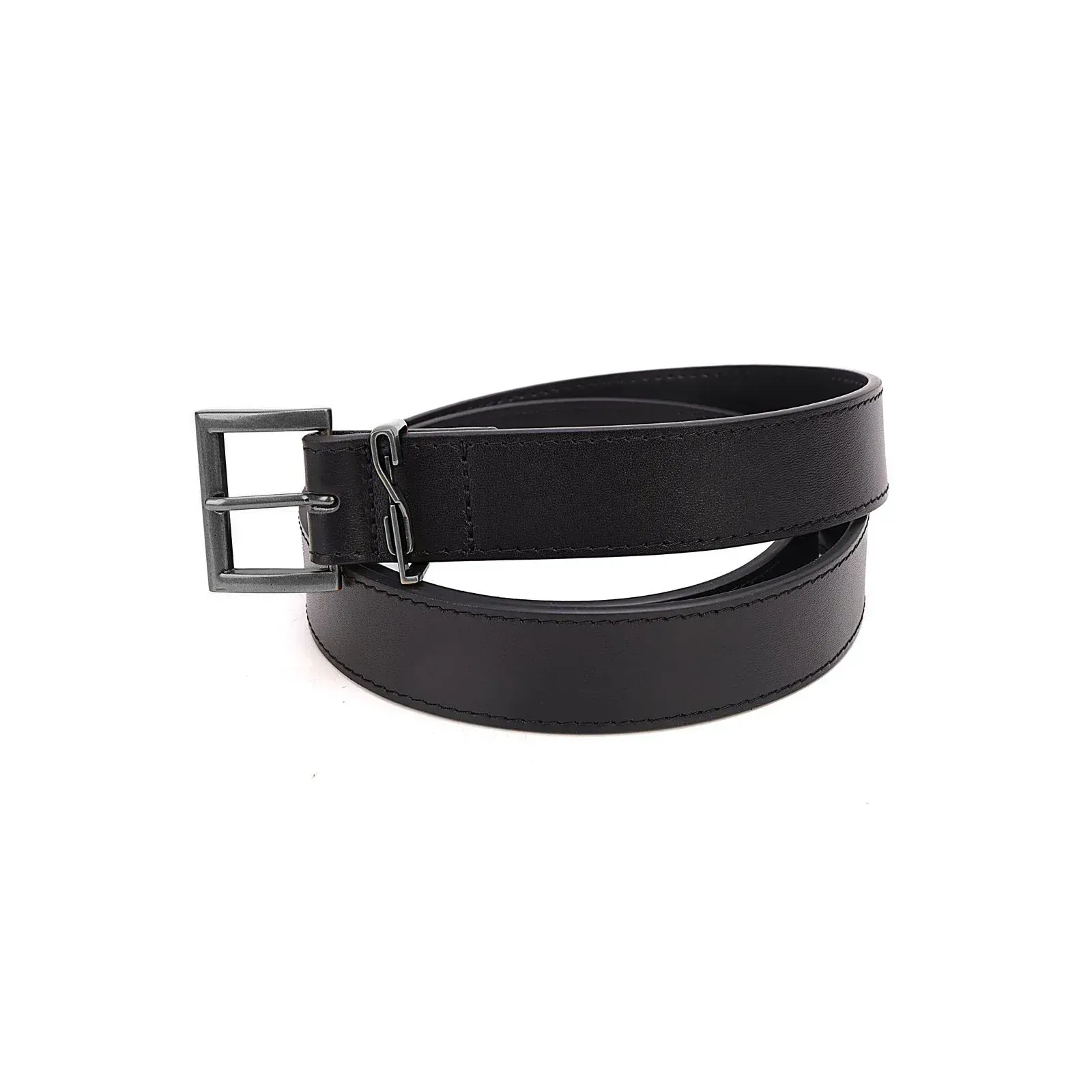 Cinto Couro Liso Preto Fivela Prateada