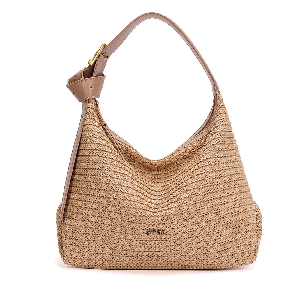 Bolsa Hobo Média Tramado Alça de Ombro Bege Areia