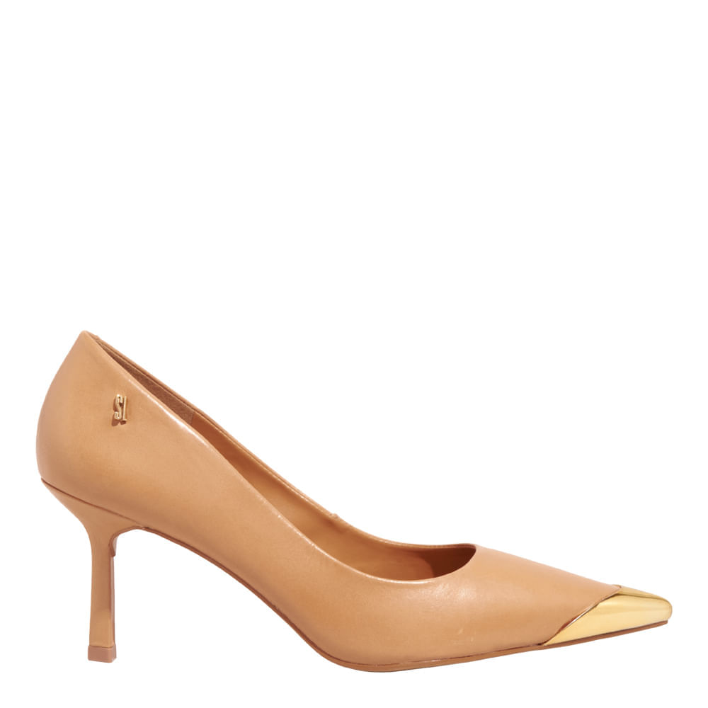Scarpin Couro Pelica Soft Marrom Doce de Leite Bico Fino Metal