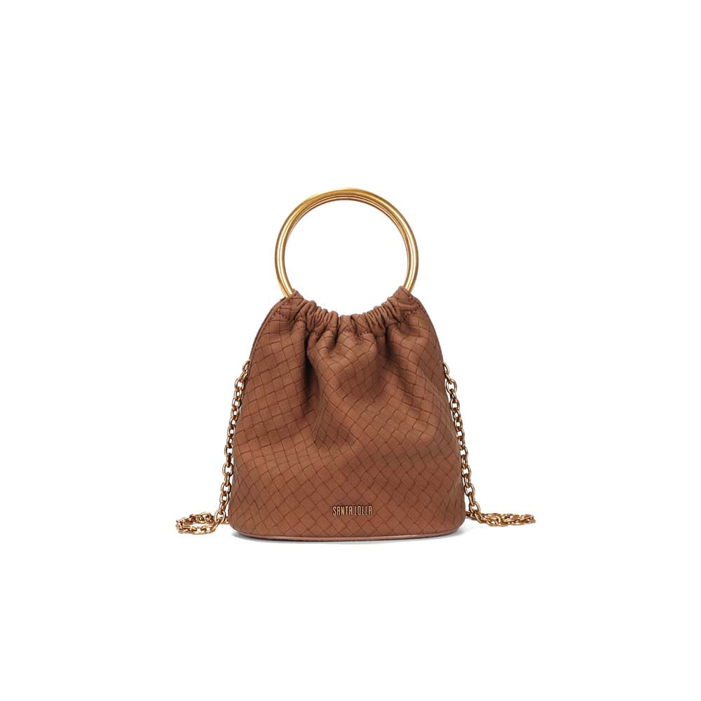 Bolsa Bucket Pequena Tressê Marrom Alça Metalizada