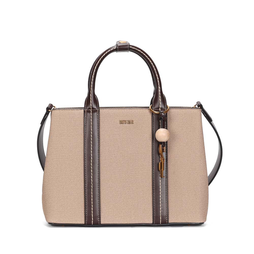 Bolsa Tote Média Canvas Bege Pespontos Transversal