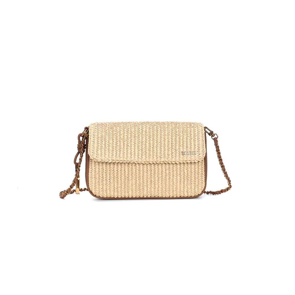 Bolsa Média Quadrada Palha Bege Alça Corrente