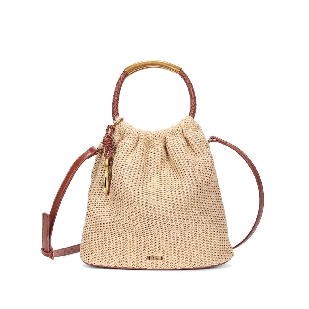 Bolsa Bucket Média Palha Tramado Bege Transversal
