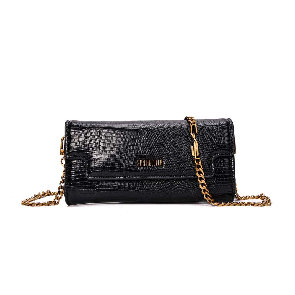 Bolsa Carteira Lizard Texturizado Preto Alça Corrente