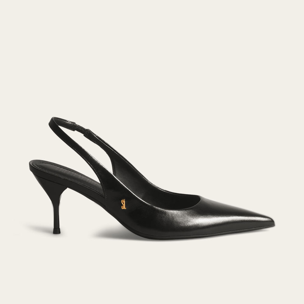 Scarpin Slingback Couro Bico Fino Salto Agulha Preto