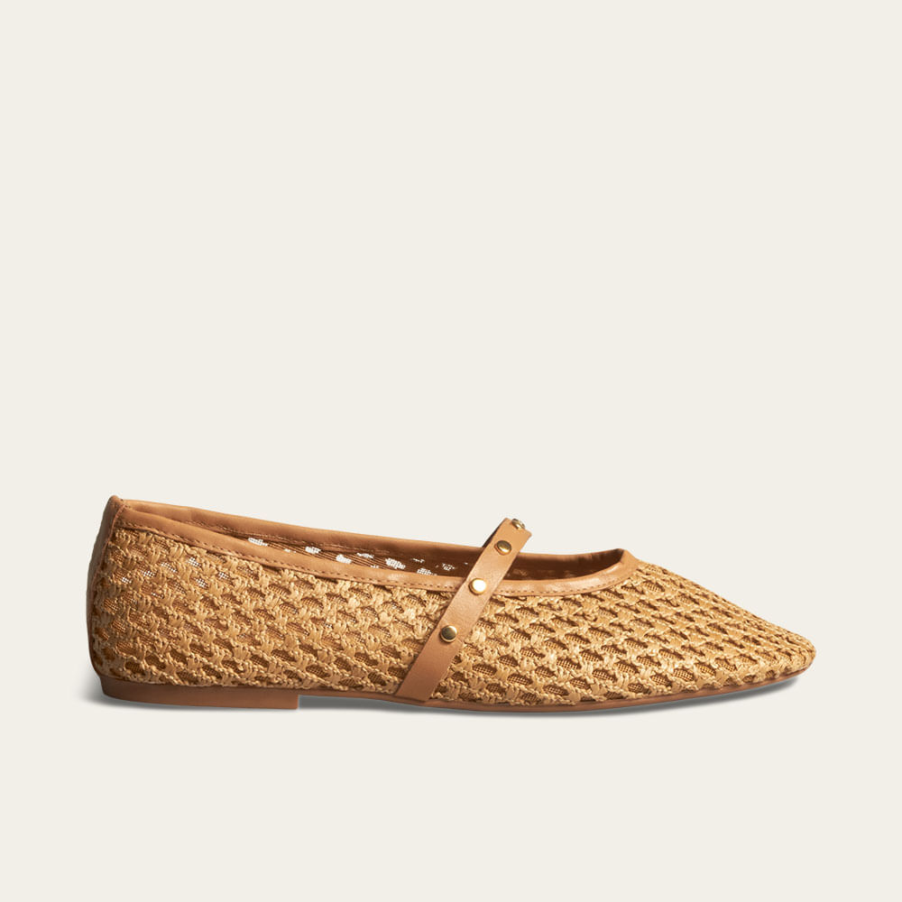 Sapatilha Tela Couro Soft Bico Redondo Caramelo