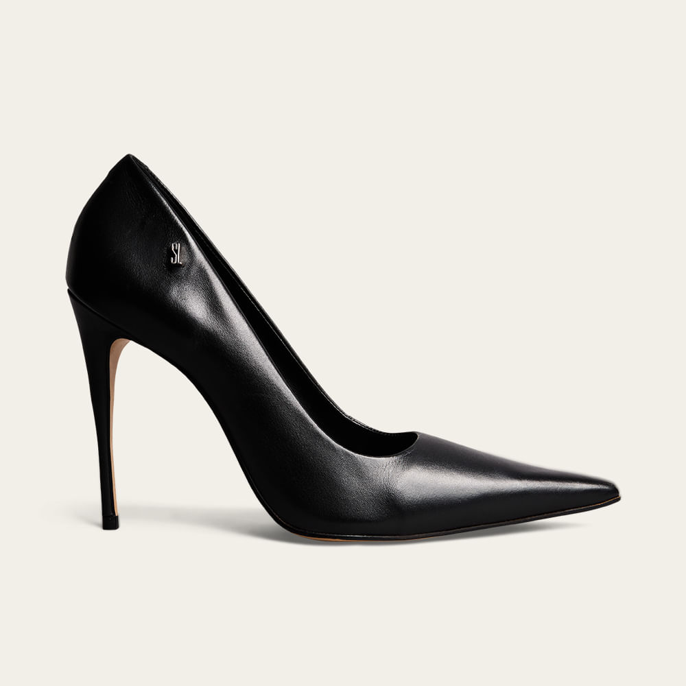 Scarpin Couro Pelica Salto Alto Preto Bico Fino