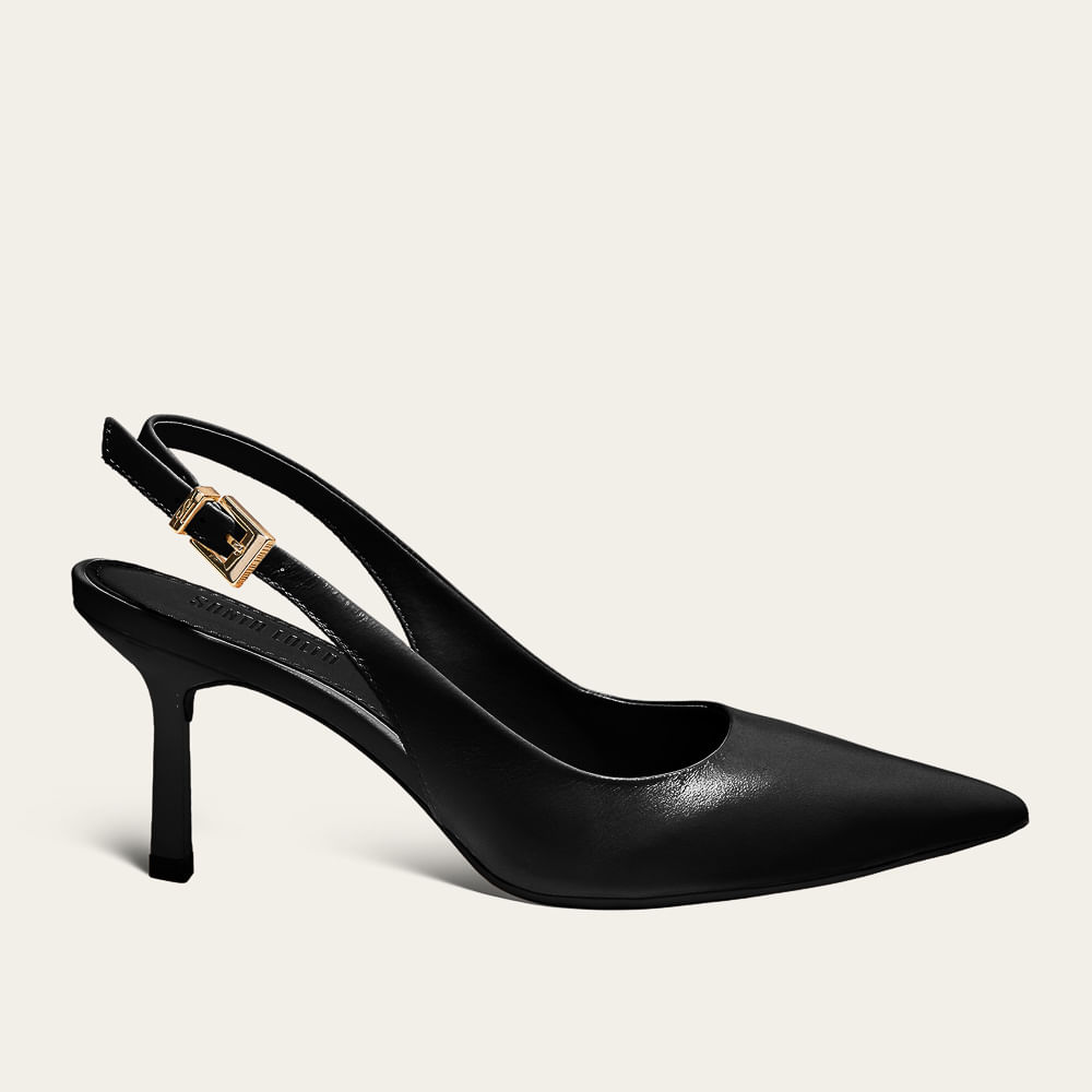 Scarpin Slingback Couro Salto Baixo Preto