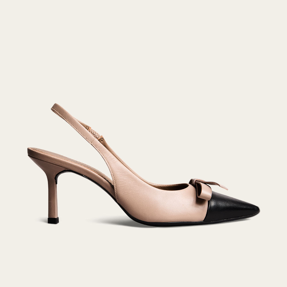 Scarpin Slingback Couro Pelica Bege Fog Laço