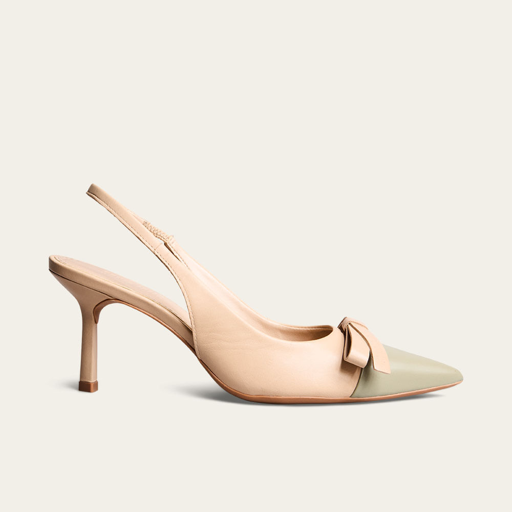 Scarpin Slingback Couro Pelica Bege Rosado Laço