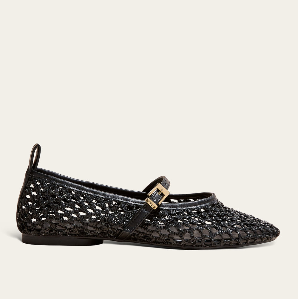 Sapatilha Boneca Palha Tramado Preto Fivela