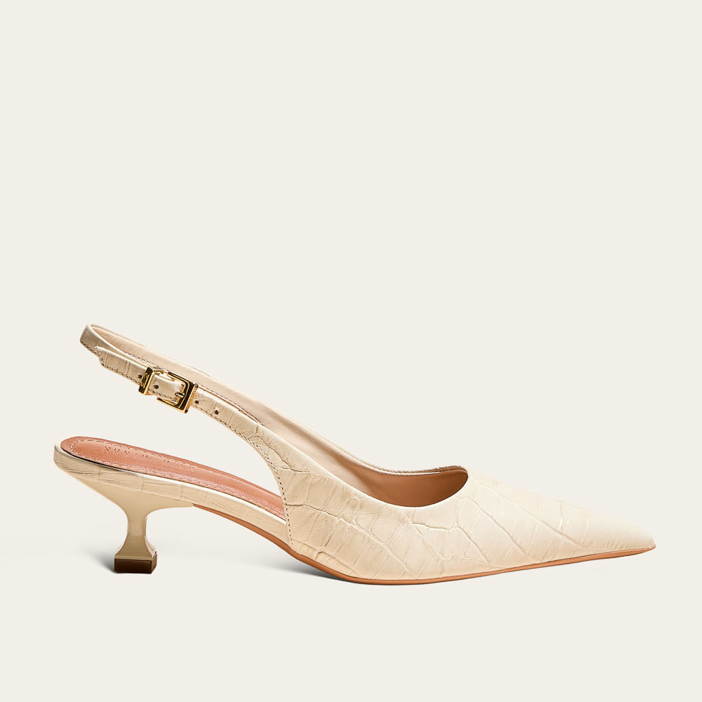 Scarpin Slingback Croco Italiano Marfim Salto Kitten
