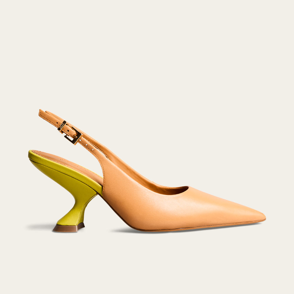 Scarpin Slingback Couro Salto Geométrico Marrom Bicolor