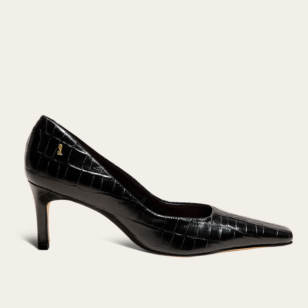 Scarpin Croco Italiano Bico Quadrado Preto