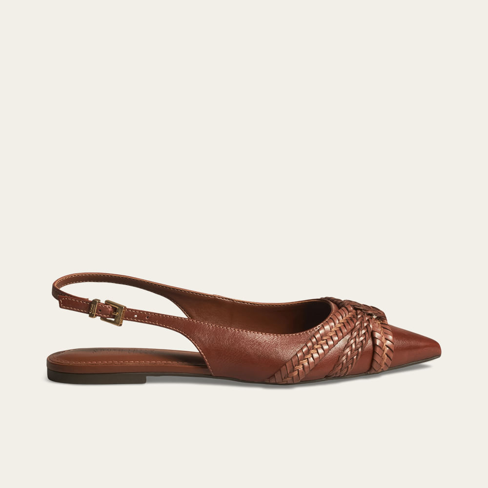 Sapatilha Slingback Couro Marrom Bico Fino Trança