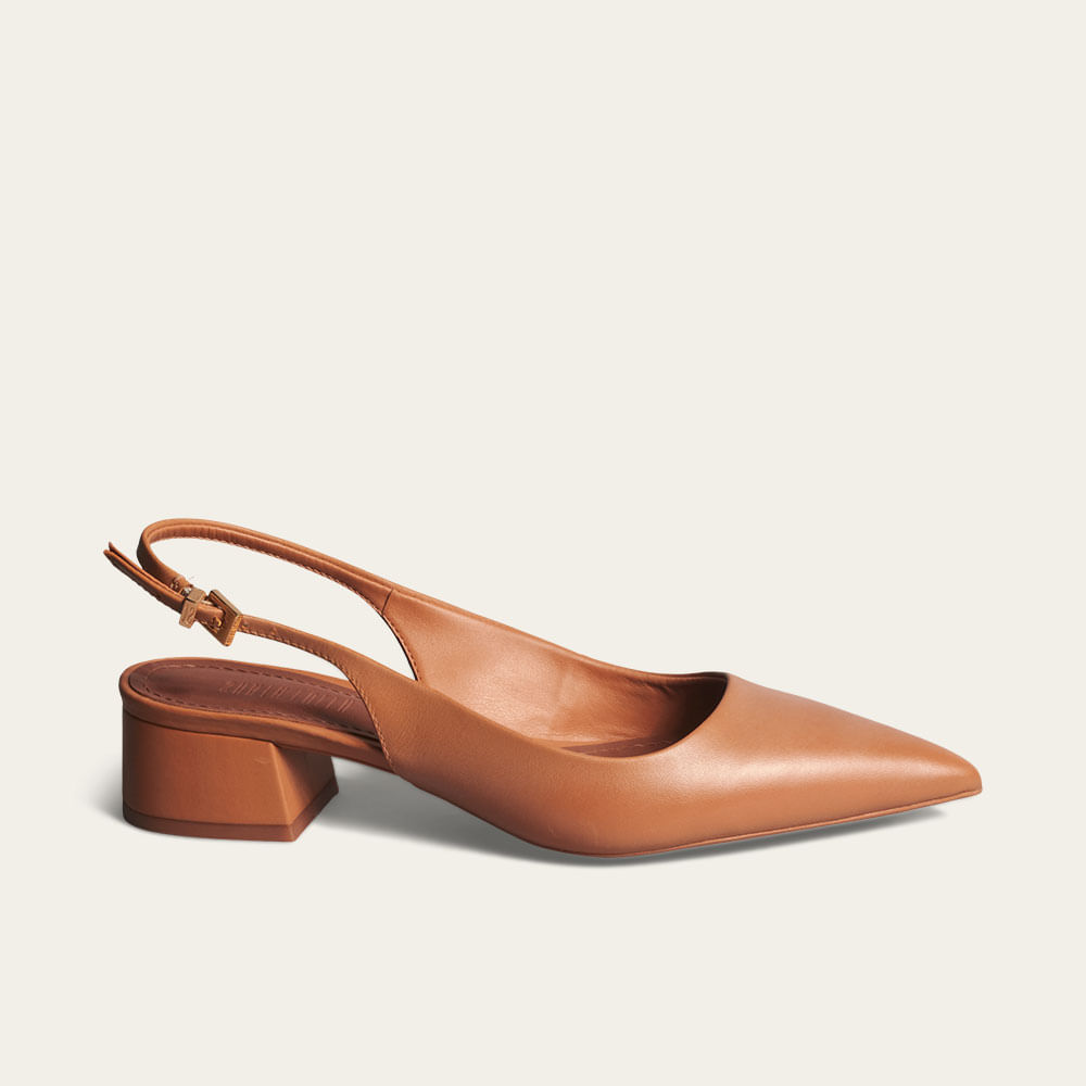 Scarpin Slingback Couro Confort Salto Bloco Marrom