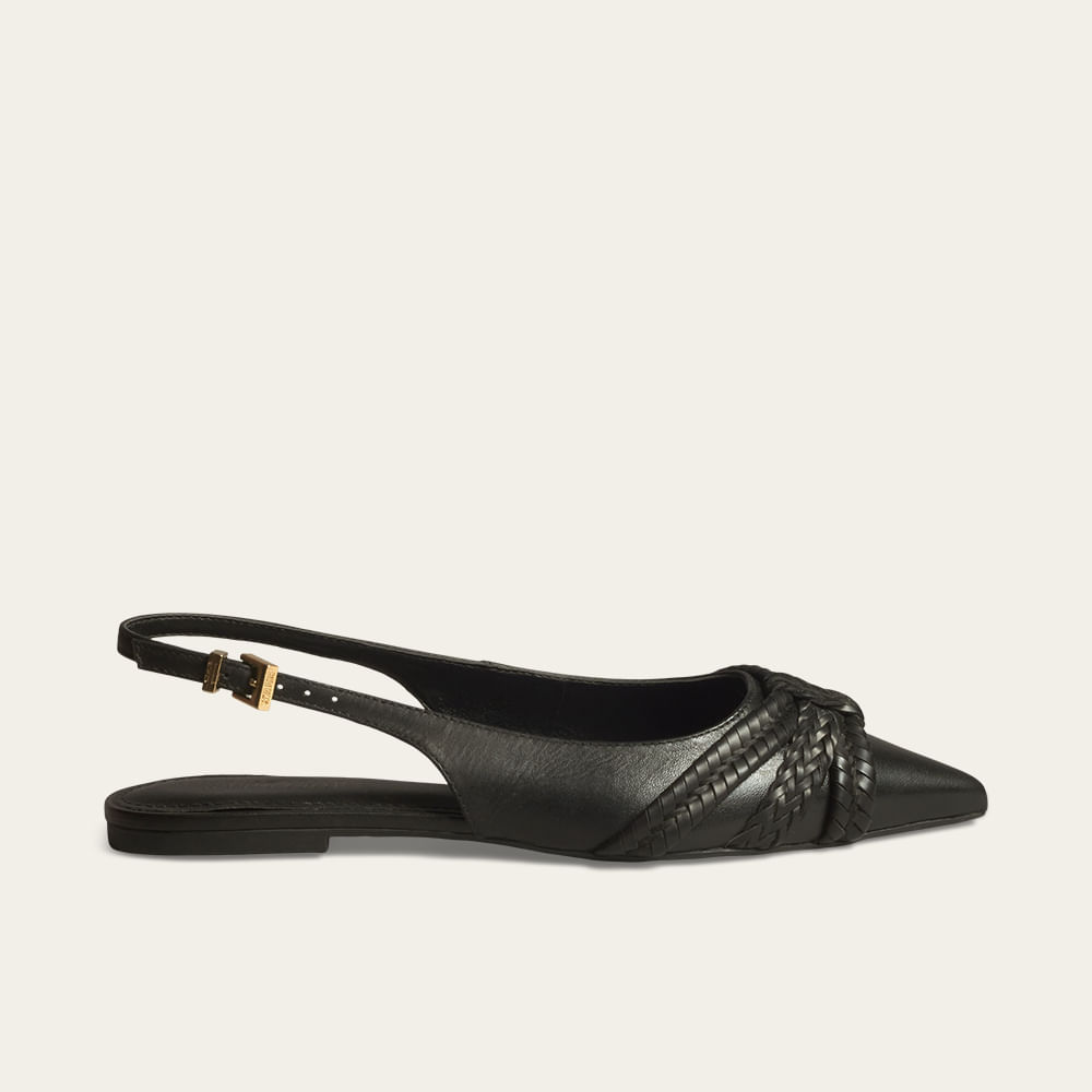 Sapatilha Slingback Couro Marfim Bico Fino Trança