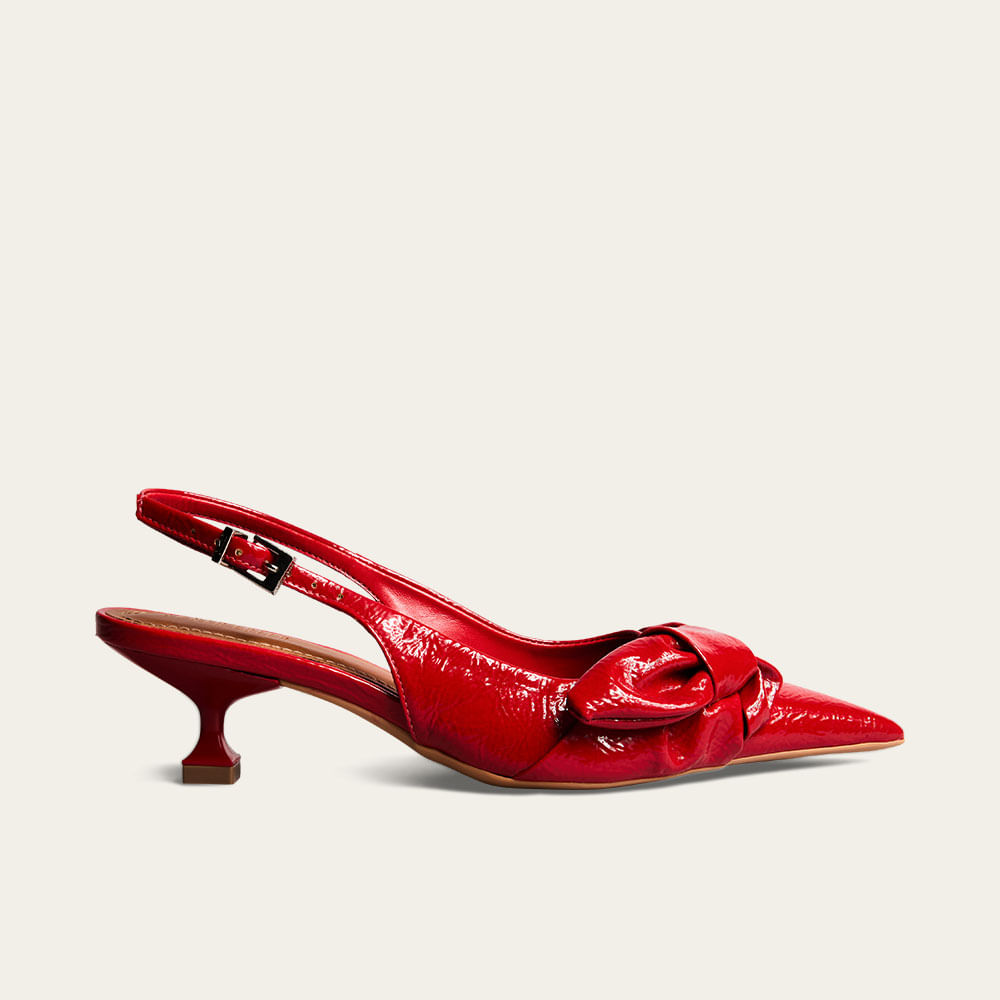 Scarpin Slingback Verniz Salto Kitten Laço Vermelho