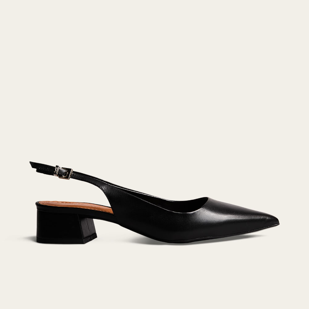 Scarpin Slingback Couro Confort Salto Bloco Preto
