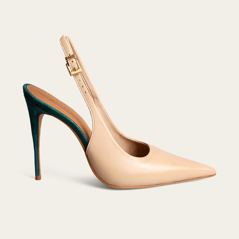 Scarpin Slingback Couro Bege Salto Alto Bicolor