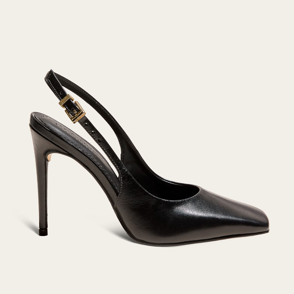 Scarpin Slingback Couro Preto Salto Alto