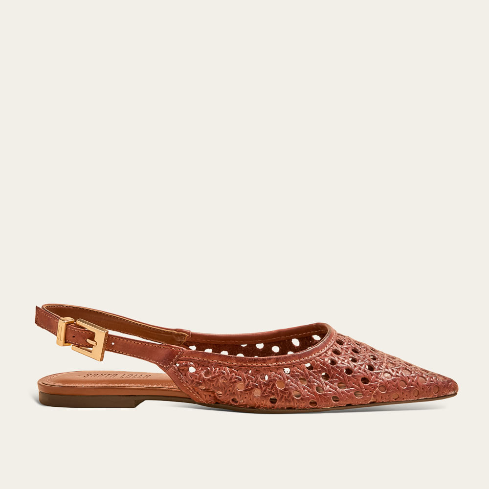 Sapatilha Slingback Couro Bico Fino Vazado Marrom