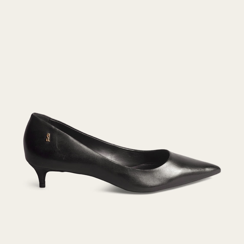 Scarpin Couro Confort Preto Bico Fino Salto Baixo