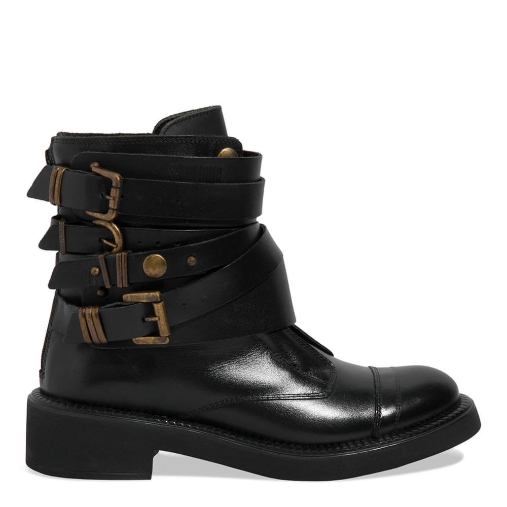 Bota Coturno Fivelas Couro Confort Preta