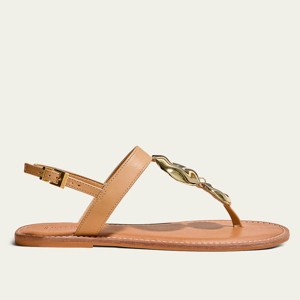 Rasteira Napa Soft Bege Metal Dourado