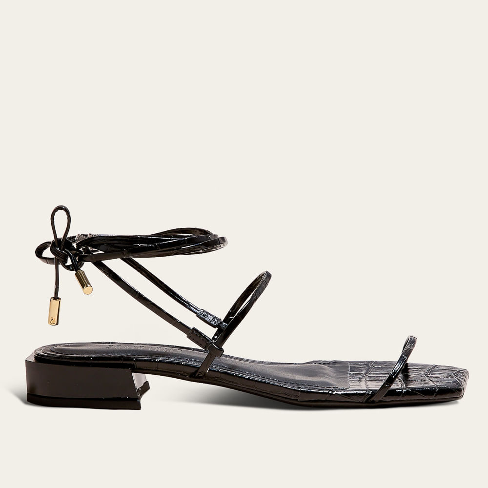 Rasteira Amarração New Croco Preto Bico Quadrado