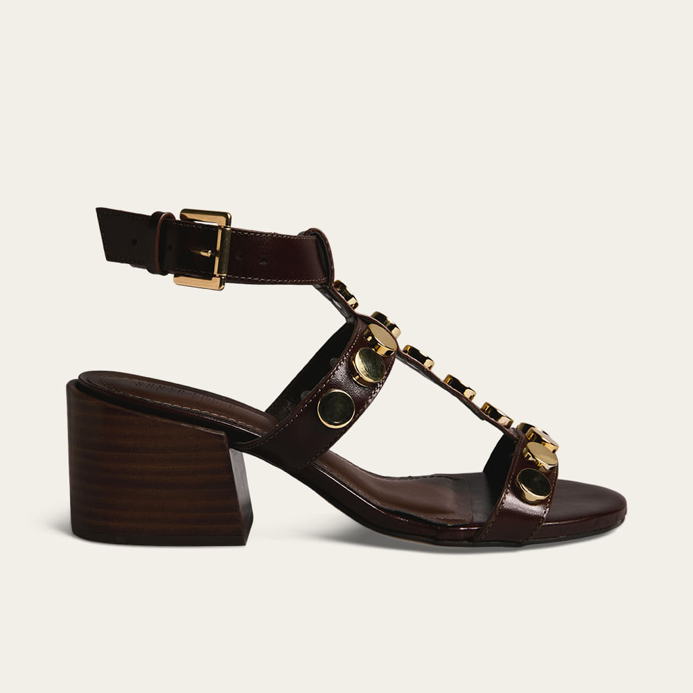 Sandália Couro Confort Salto Bloco Marrom Dark Tachas