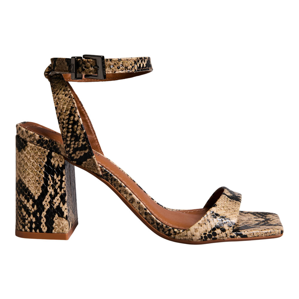Sandália Couro Animal Print Cobra Salto Bloco