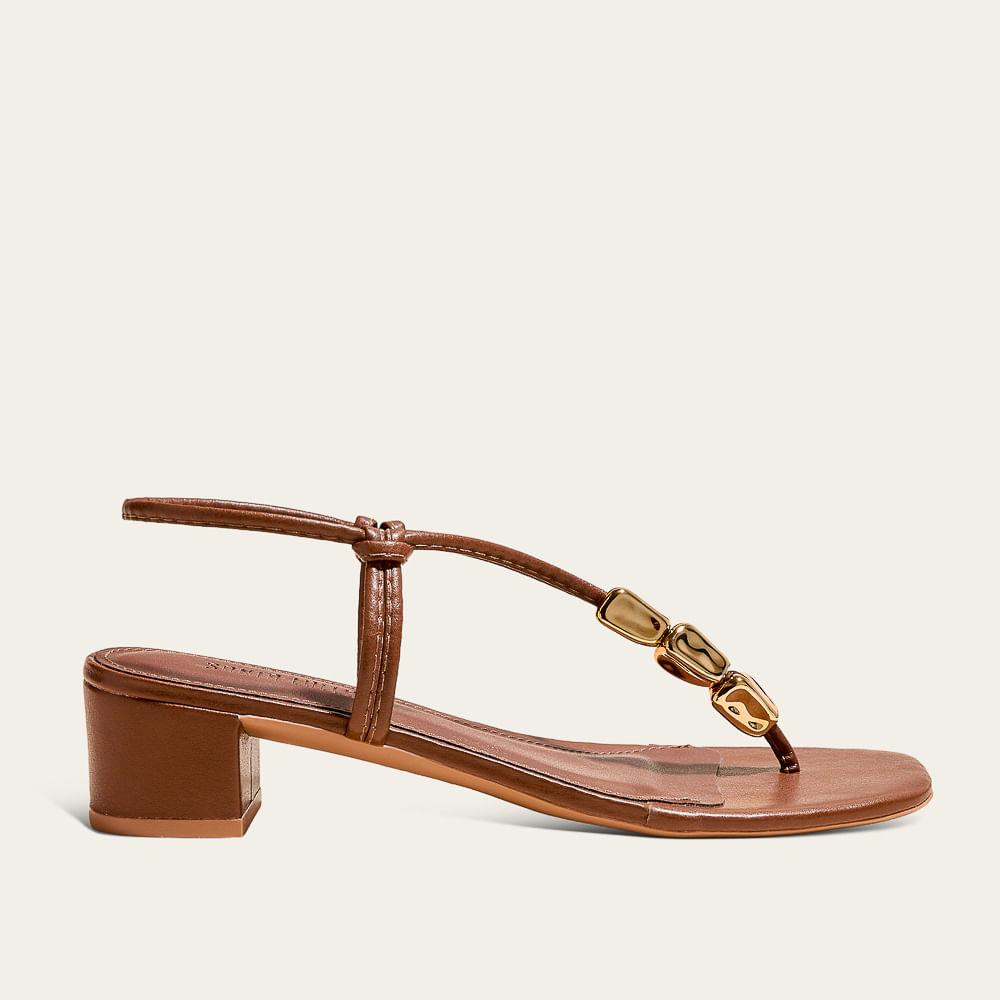 Sandália Napa Soft Salto Bloco Marrom Metal