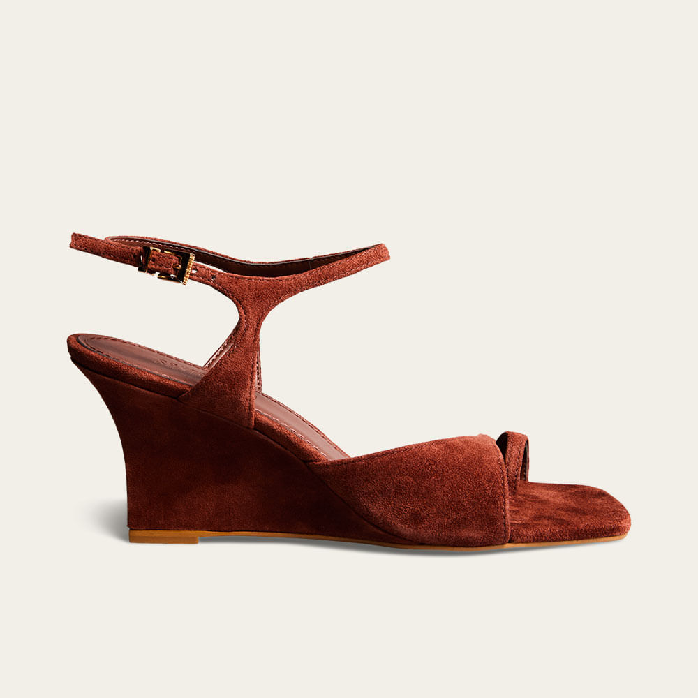 Sandália Anabela Couro Camurça Terracota Toe Ring