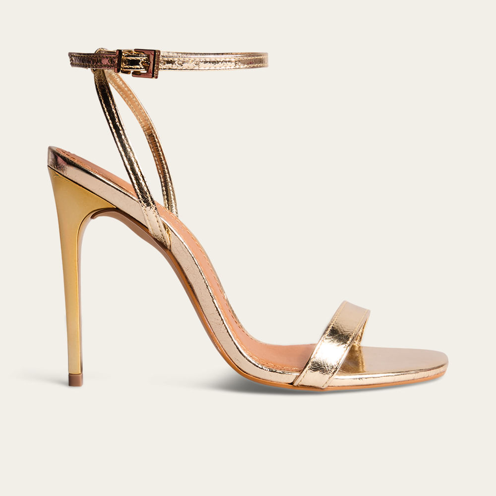 Sandália Couro Metalizado Dourado Salto Alto