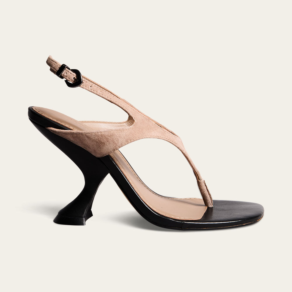 Sandália Slingback Couro Camurça Bege Fog Salto Alto