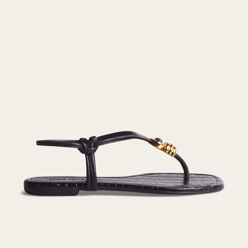Rasteira Napa Croco Preto Metal