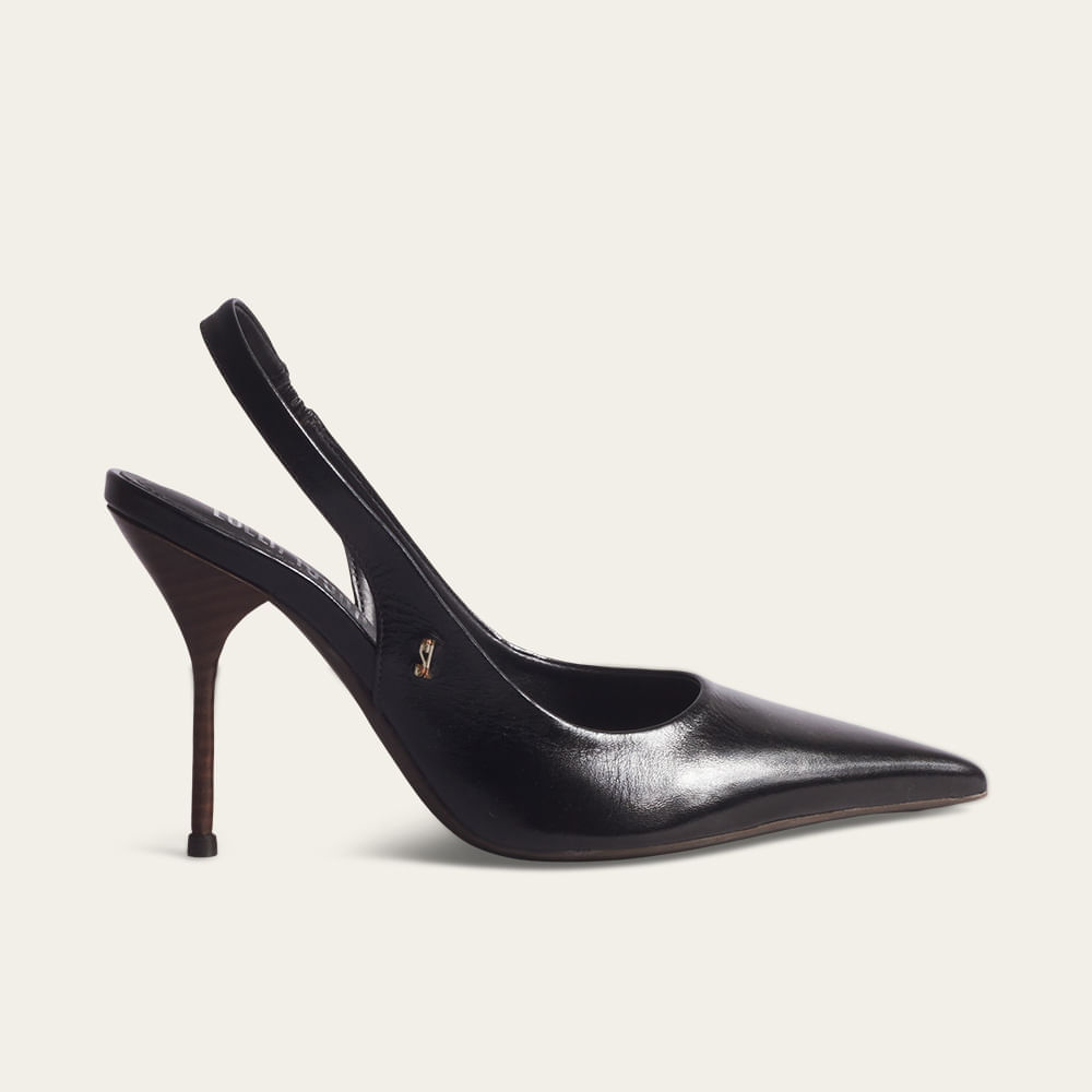 Scarpin Slingback Couro Salto Agulha Preto