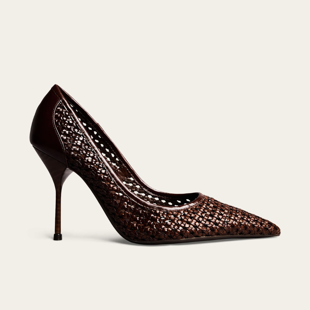 Scarpin Palha Tramado Salto Alto Marrom Dark