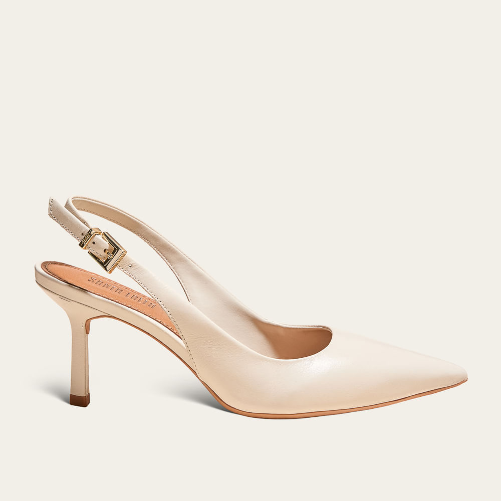 Scarpin Slingback Couro Salto Baixo Marfim