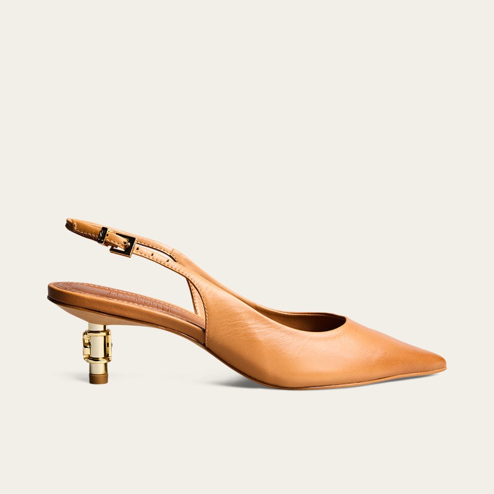 Scarpin Slingback Couro Marrom Salto Baixo Metalizado