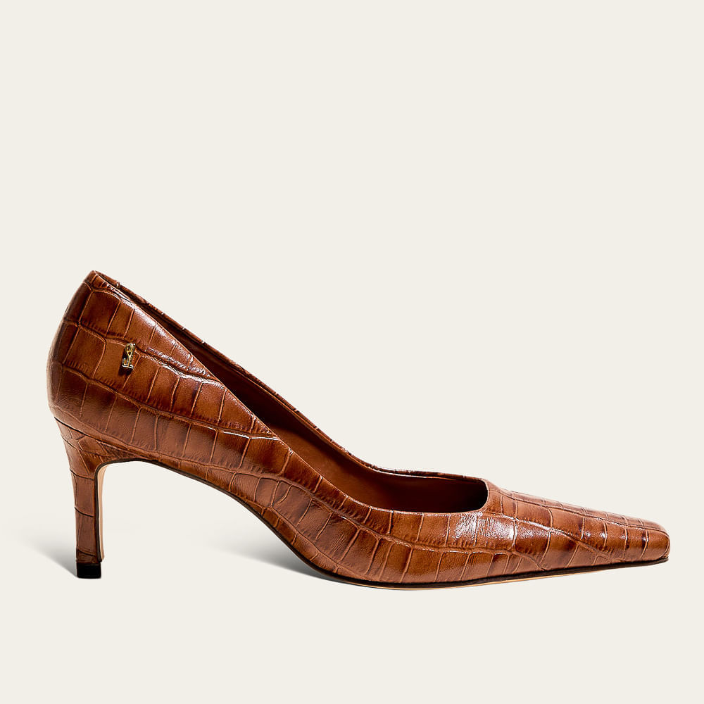 Scarpin Croco Italiano Bico Quadrado Marrom