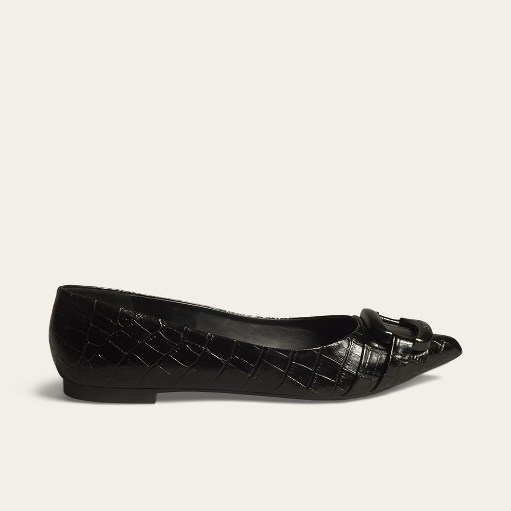 Sapatilha New Croco Bico Fino Preto Fivela