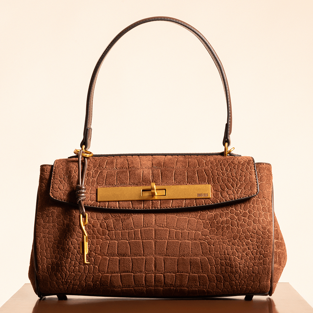 Bolsa Média Croco Nobuck Alça De Ombro Marrom Dark Cocoa