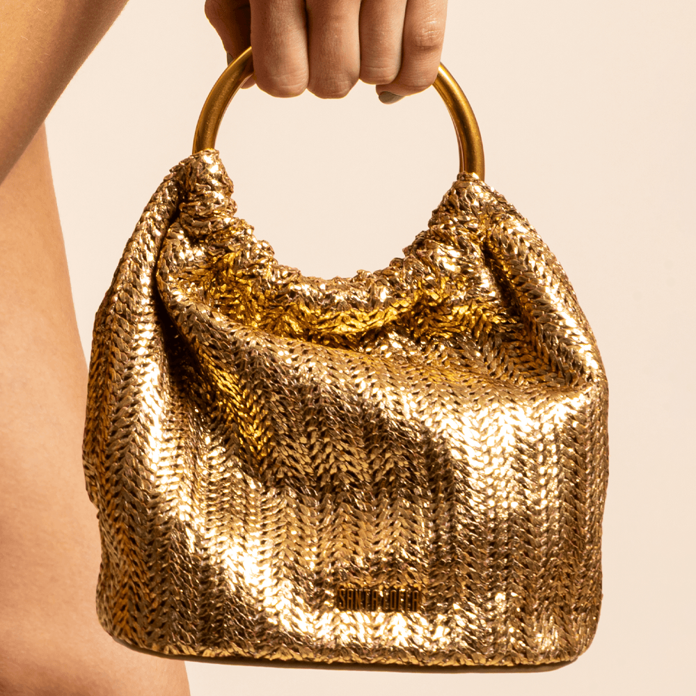 Bolsa Bucket Pequena Tramado Metalizado Dourado
