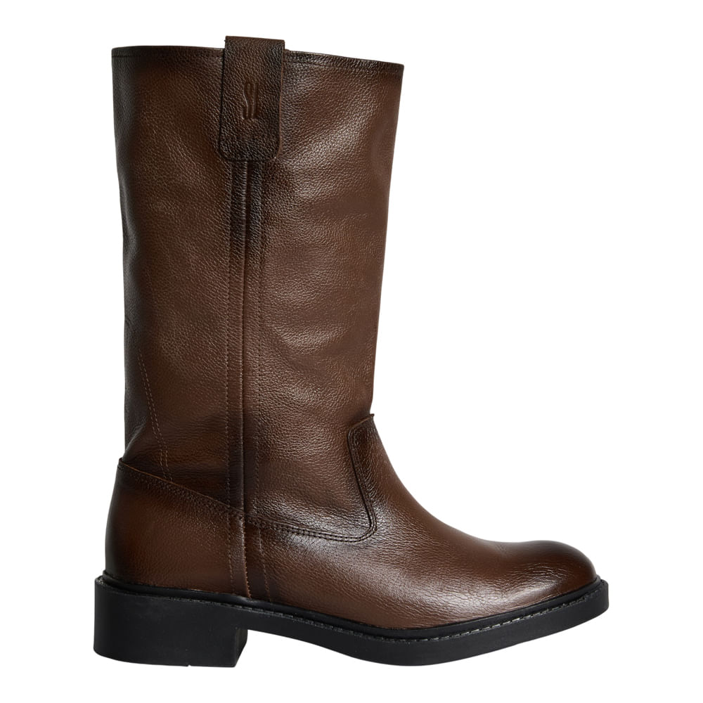 Bota Couro Nature Cano Longo Salto Bloco Marrom Dark